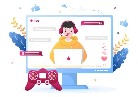 Video Tutorial Service or Professional Gamer Online Platform. Man using Heads Stock Illustration