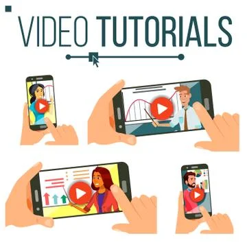 Video Tutorial Set Vector. Streaming Video. Online Education. Study And Learning Stock Illustration