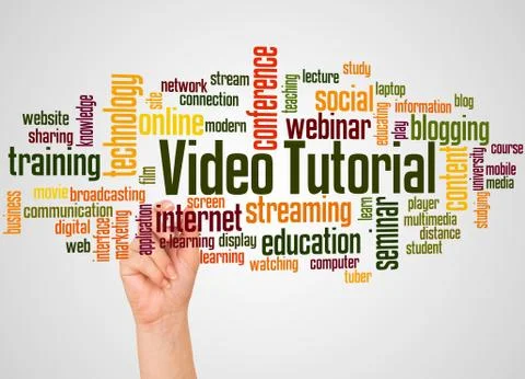 Video tutorial word cloud and hand with marker concept Stock Illustration