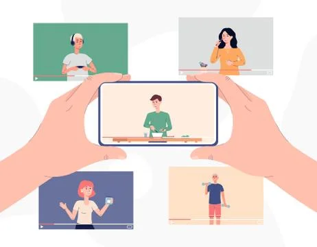 Video tutorials and online stream banner with people flat vector illustration. イラスト素材