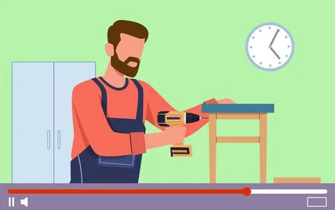 Video tutorials. Carpentry lessons on video screen, internet education Stock Illustration