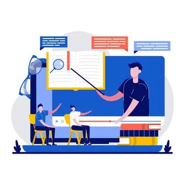 Video tutorials concept with tiny character. Student e-learning by webinar .. Stockillustratie