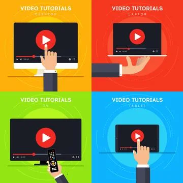 Video tutorials on different devices vector illustration set Stock Illustration