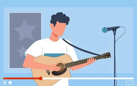 Video tutorials. Man playing acoustic guitar. Lessons on computer screen Stock Illustration