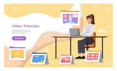 Video tutorials, online courses concept. Woman sitting at a table with laptop Illustrazione stock