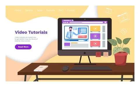 Video tutorials, online courses concept. Computer monitor with teacher who leads Stock Illustration