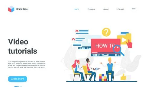 Video tutorials, online education landing page, people learning in virtual class イラスト素材