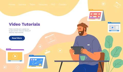 Video tutorials for online learning. Man takes virtual courses, studies using Stockillustratie