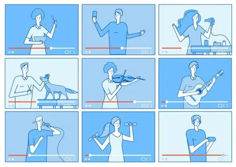 Video tutorials. People bloggers on video screen. Social media marketing イラスト素材