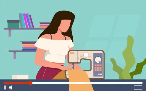 Video tutorials. Vector online needlework lessons, woman with sewing machine on Ilustración de archivo