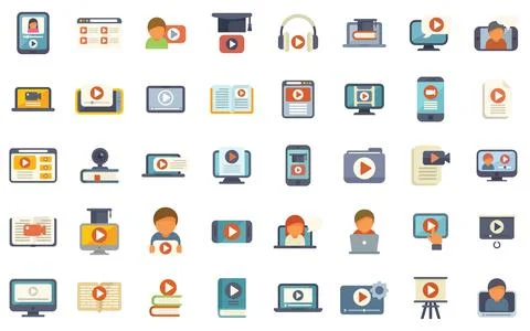 Video tutorials, video content and online education flat icon set Illustrazione stock