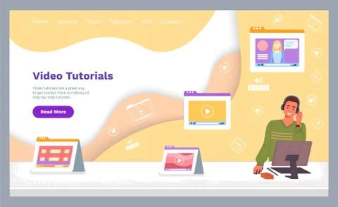Video tutorials web site. Set online webinar, video blog, online conference イラスト素材