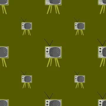 Video tv set seamless pattern. Hand drawn technics in grey tones on green oli Stock Illustration