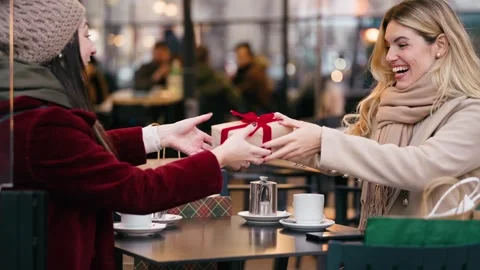 Video of two beautiful friends exchanging Christmas gifts while having a dr.. Stock Footage 340825377