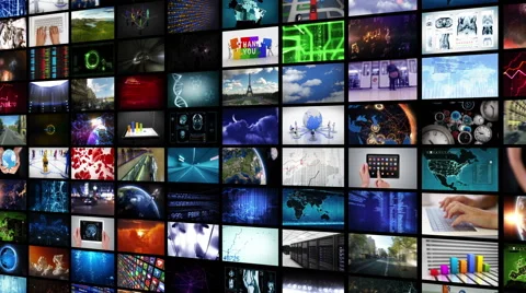 Video wall. High and frontal view. Multiple themed videos. Loopable. 2 in 1. Stock Footage