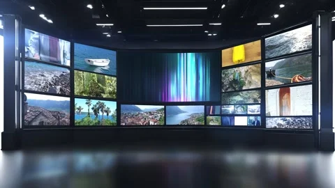 Video wall showing varied content in dark room with polished floor Stock Footage 302396461