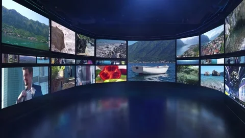 Video wall showing varied content in a curved room Stock Footage 302396533
