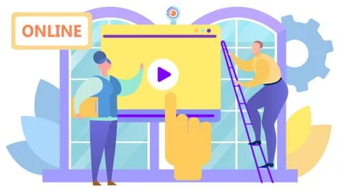 Video webinar in internet media, vector illustration. Play button on screen Stock Illustration