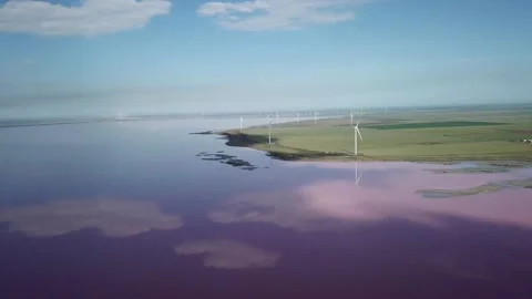 Video of windmills generating electricity and power next to pink salt lake. Stock Footage 208302223