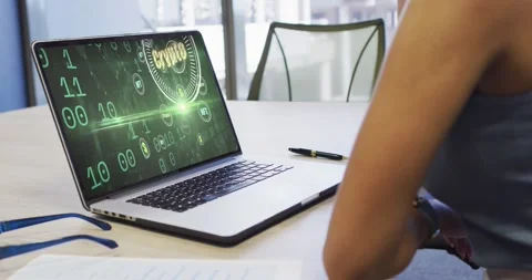 Video of woman working on laptop with binary code on screen Stock Footage 331357057