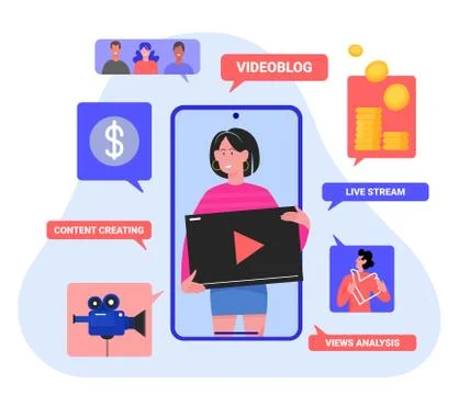 Videoblog vlog concept vector illustration, cartoon flat videoblogger streamer Illustration