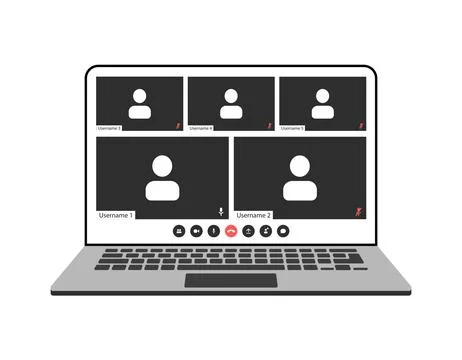 Videocall interface, video call screen icons and UI template for laptop, vector Stock Illustration