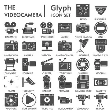 Videocamera solid icon set, cinema symbols collection or sketches. Camera glyph 库存插图