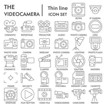 Videocamera thin line icon set, cinema symbols collection or sketches. Camera Stock Illustration