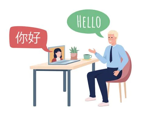Videoconference interpreter with chinese partner semi flat vector characters Stock Illustration