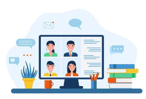 Videoconference online call on the computer. vector illustration in flat styl Stock Illustration