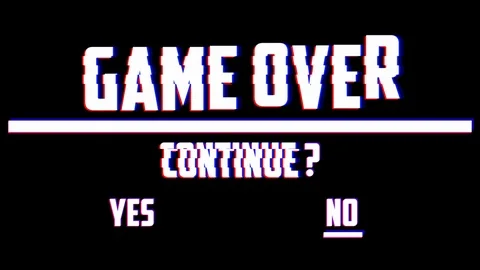 A videogame ending screen text on a tv: Game over Continue Yes No choice . Game Stock Footage 103859488