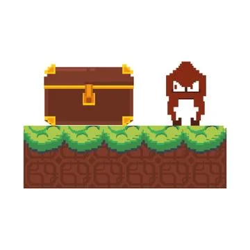 Videogame pixelated character in scenery Illustrazione stock