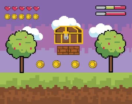 Videogame scene with pixelated coffer with trees and coins Stock Illustration