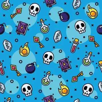 Videogame seamless pattern background with potions and skull icons Vector イラスト素材