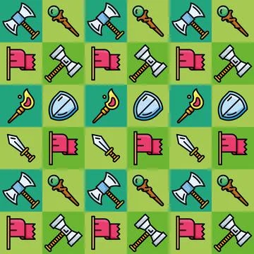 Videogame seamless pattern background with weapons and flags icons Vector Stock Illustration