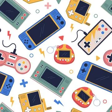 Videogame seamless pattern. Retro game controllers, modern gamepads, vintage Illustrazione stock
