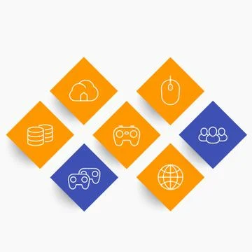 Videogames, cooperative, multiplayer, console gaming line icons on rhombic sh Stock Illustration