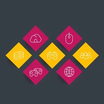 Videogames, cooperative, multiplayer, pc and console gaming line icons on rho Stock Illustration