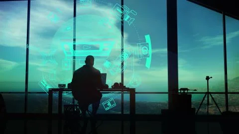 Videographer at the desk on a background of infographics. Stock Illustration