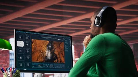 Videographer editor creates AI art materials using text to video software 写真素材