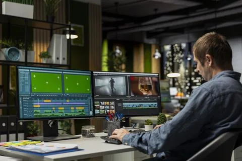 Videographer expert cutting and editing video footage next to green screen Stock Photos