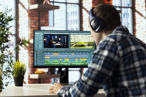 Videographer in home office doing video montage using specialized software Fotos de archivo