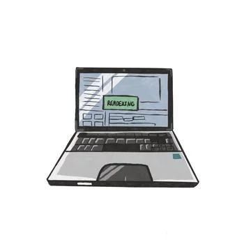 Videographer laptop with running render isolated on white background Stock Illustration