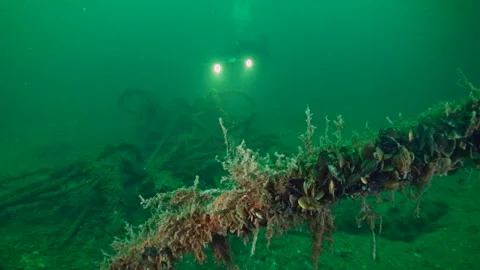 Videographer near the bundle of communication cable on the seabed. Stock Footage 111395376