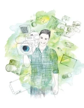 Videographer with professional 4K video camera Stock Illustration