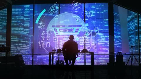 Videographer in the studio and virtual projection. Stock Illustration