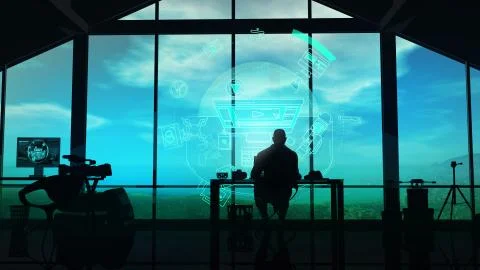 Videographer in studio working with a virtual interface. Illustrazione stock