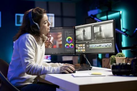 Videographer uses software to create visual effects while relaxing with music Fotos de archivo