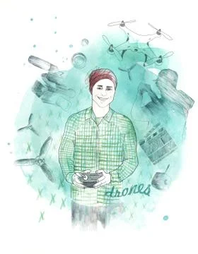 Videographer using drone camera Stock Illustration