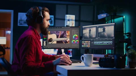 Videographer using headphones to test and improve audio quality using editing Stock Footage 257495921
